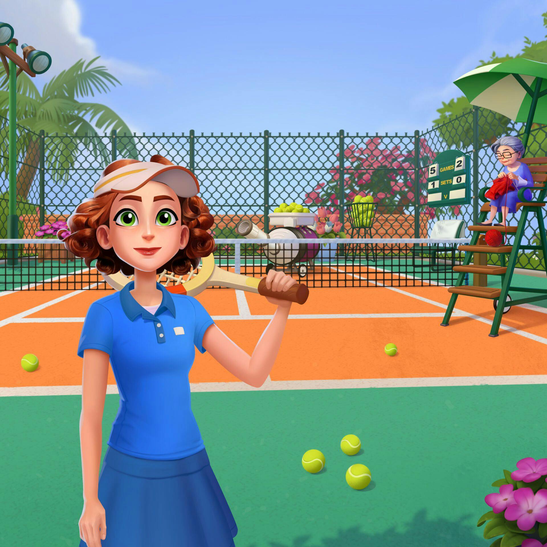 A redhead in tennis gear posing in front of a tennis court